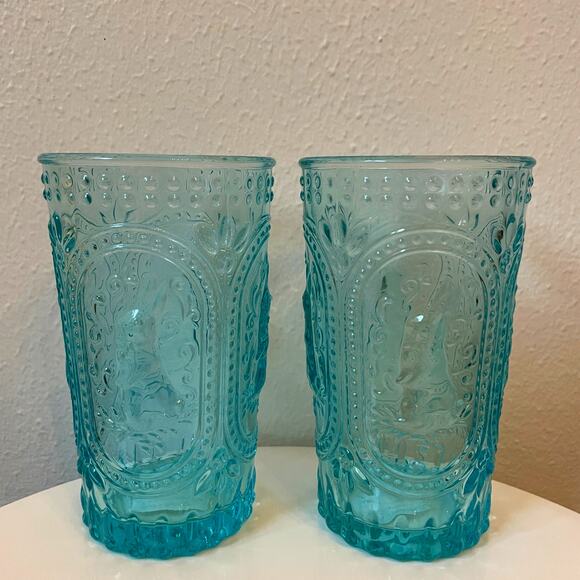 Easter Bunny Embossed Hobnail Victorian Heavy Drinking Glasses Set 4 Blue New - Picture 9 of 16